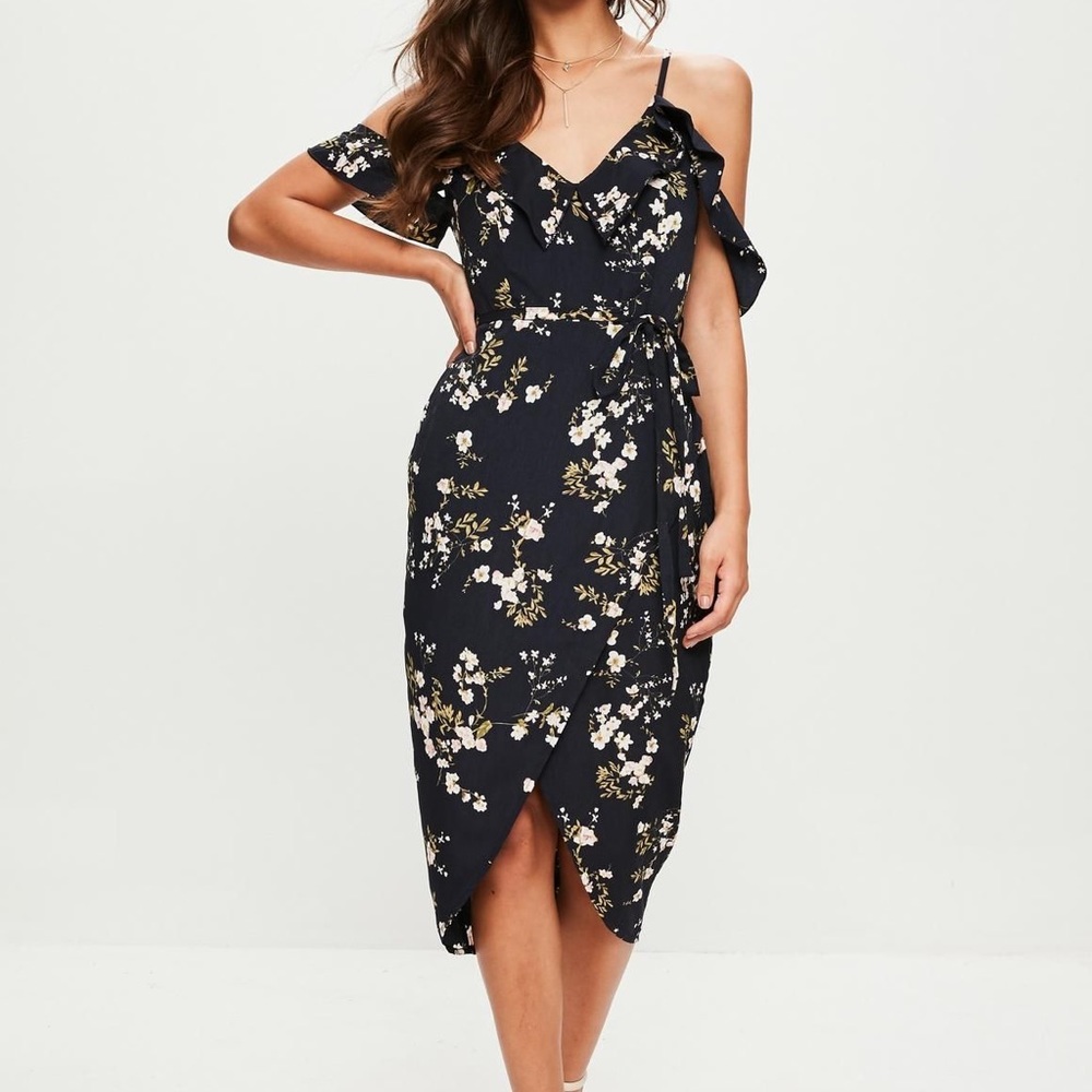 Missguided Navy Printed Frill Dress
